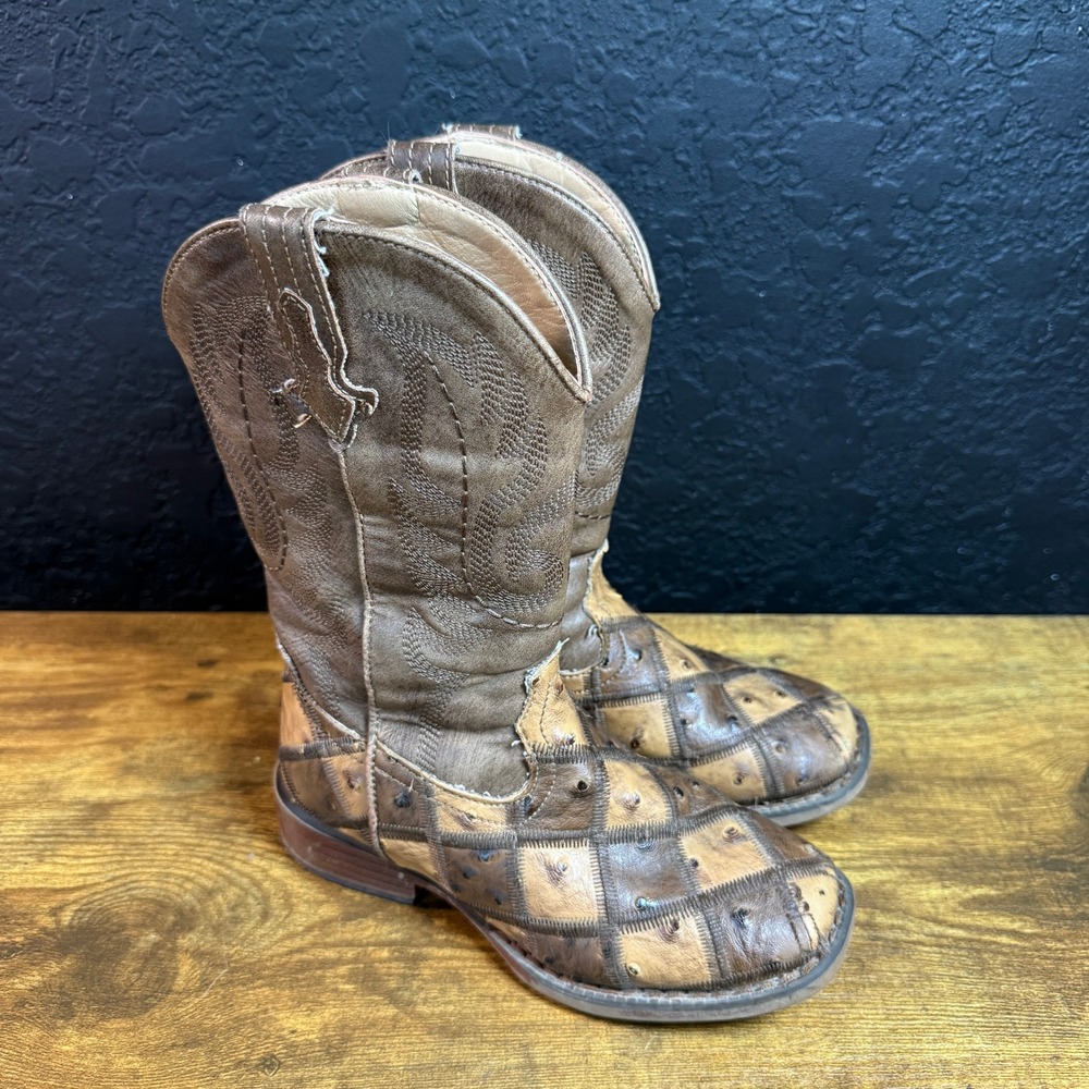 Roper Patchwork Faux Ostrich 09-018-1902-2102 Bronze Synthetic Boots Kids 12